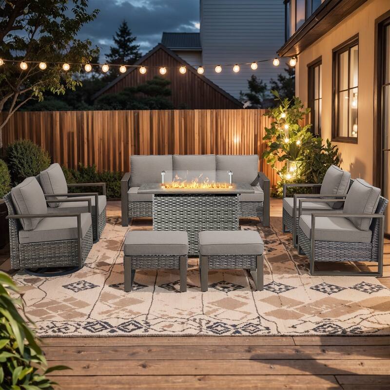 Pocassy Fire Pit Table with Outdoor Sofa Chair Ottoman Set - Grey Wicker Gray Cushion - 8-Piece Sofa Chair with Fire Table
