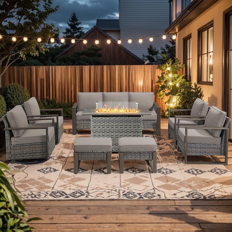 Pocassy Outdoor Sofa Patio Chair with Fire Table Set - Grey Wicker Gray Cushion - 8-Piece Sofa Chair with Fire Table