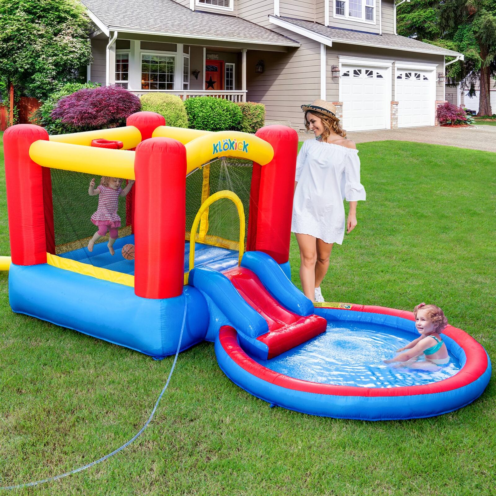 Inflatable Bounce House with Blower, Bouncy Castle Waterslide & Pool