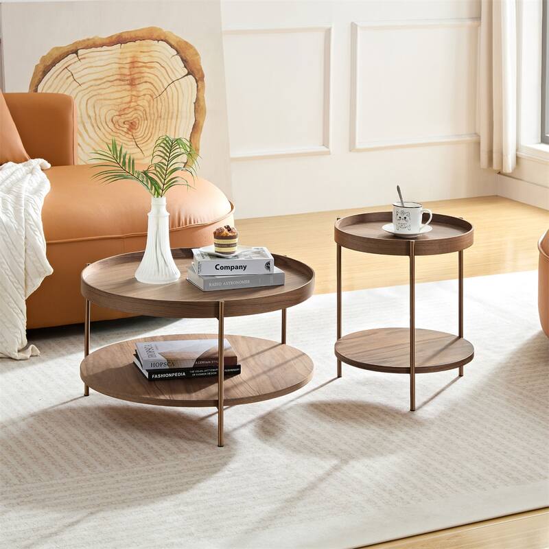 2-Piece 2 tier Round Coffee Table Set,Easy Assembly Nesting End Tables