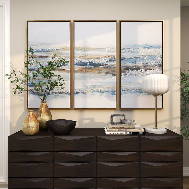 Canvas Landscape Living Room Framed Wall Art with Gold Frame - Set of 3 Blue - Roche River Decor