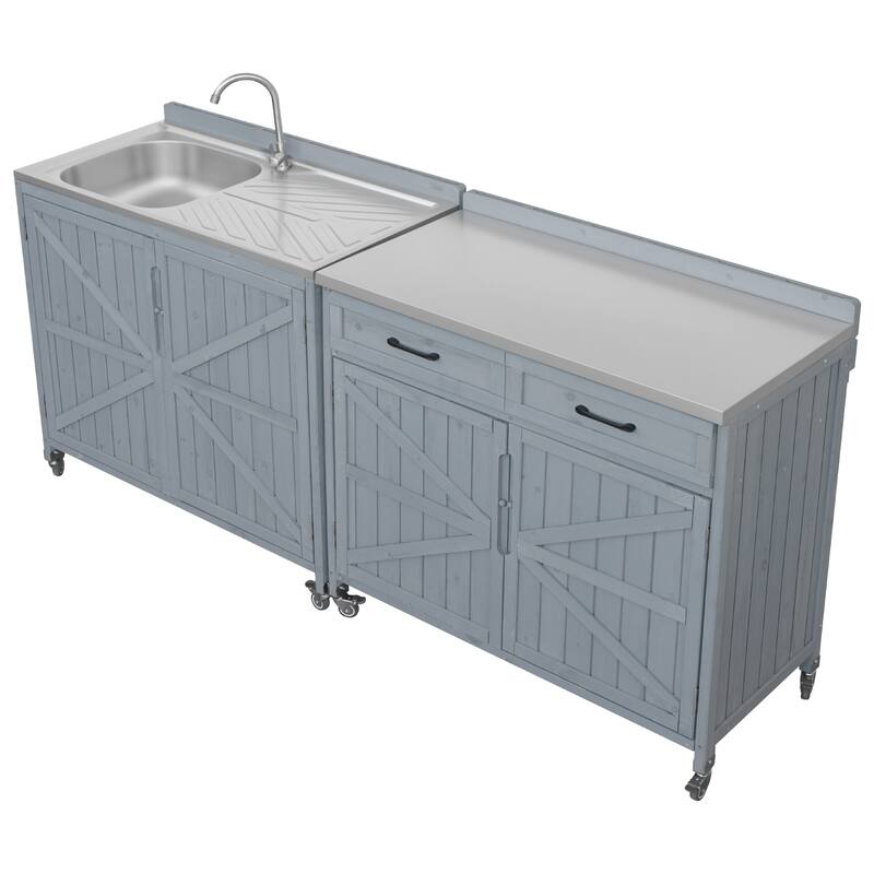 39.4" Outdoor Kitchen Island on Wheels with Stainless Table Top, Outdoor Kitchen Cabinet with Adjustable Shelves