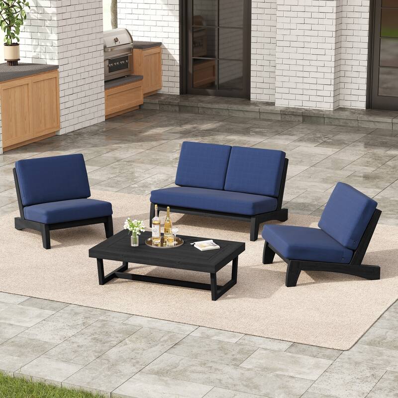 4 Set Outdoor Patio Teak Wood Club Chairs Loveseat with Cushion