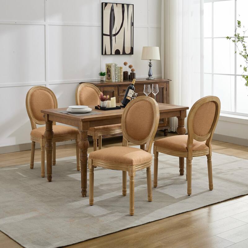 Kitchen Linen Dining Chair Set of 2, Wooden Frame Chair w/ Oval Backrest