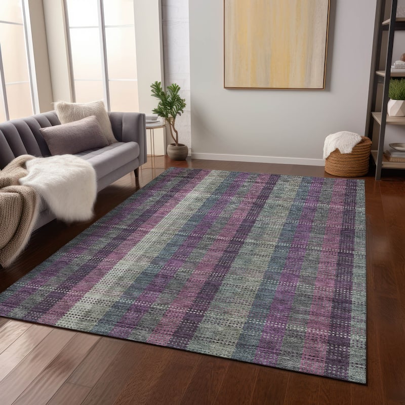 Machine Washable Indoor/ Outdoor Modern Plaid Chantille Rug