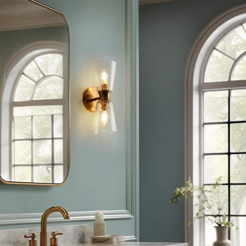 Mid-century Modern Glam 2-Light Gold Cone Seeded Glass Bathroom Vanity Lights Cylinder Wall Sconce