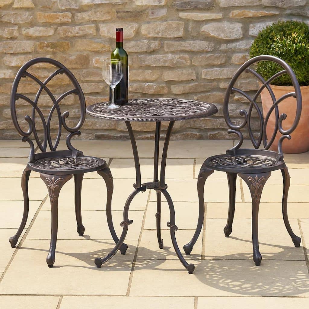 Charlie 3 pcs Bistro Set w Umbrella Hole, Cast Aluminum in Copper