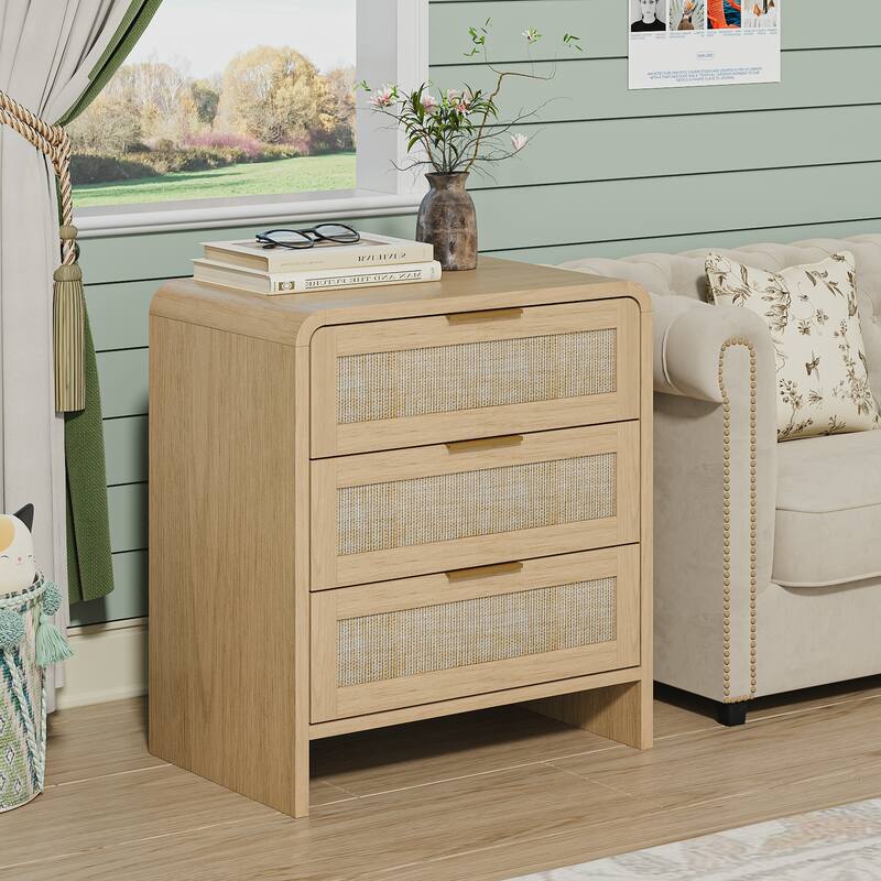 Rattan Nightstand with 3 Drawers, 22.8" Wide Curved Wooden Bedside Table, Modern Storage for Bedroom - Oak