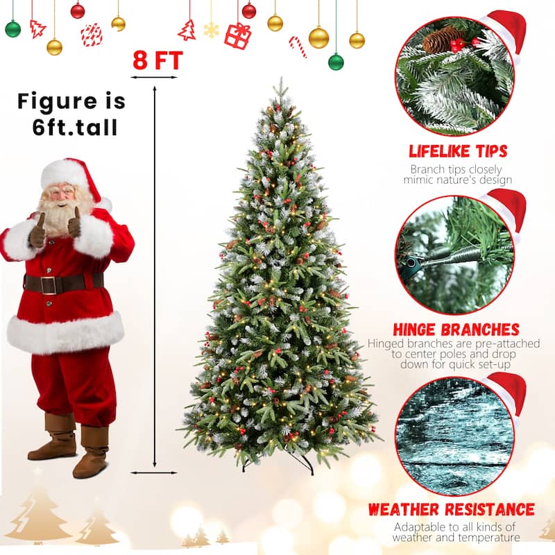 6FT Christmas Tree with 350 Warm White LED Lights-1593 Snow-Tipped PE+PVC Branches, Red Berries&Pine Cones, Hinged Design