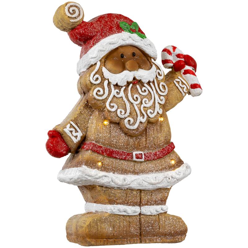 LED Lighted Gingerbread Santa with Candy Cane Christmas Figure - 15"