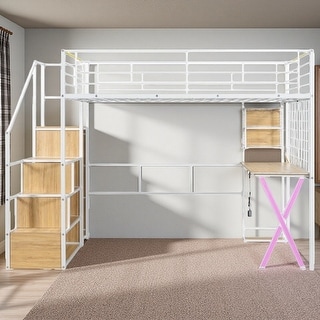 Full Size Metal Loft Bed with Desk, LED-Lit Shelves, Built-in Wardrobe, and Storage Stairs, Workstation Combo for Kids or Teens
