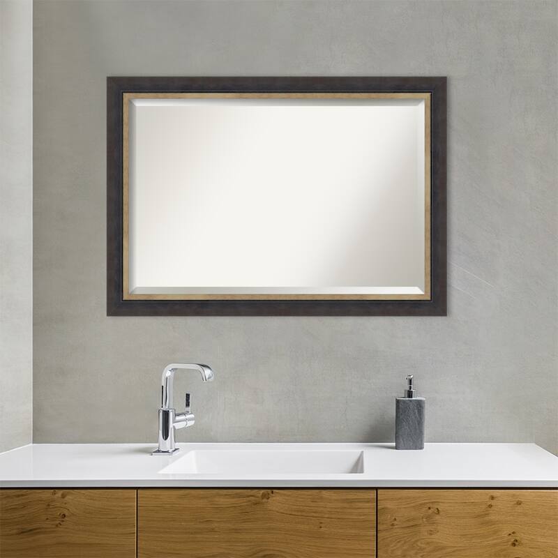 Hammered Charcoal Tan Beveled Wood Framed Bathroom Vanity Wall Mirror - Hammered Charcoal Tan