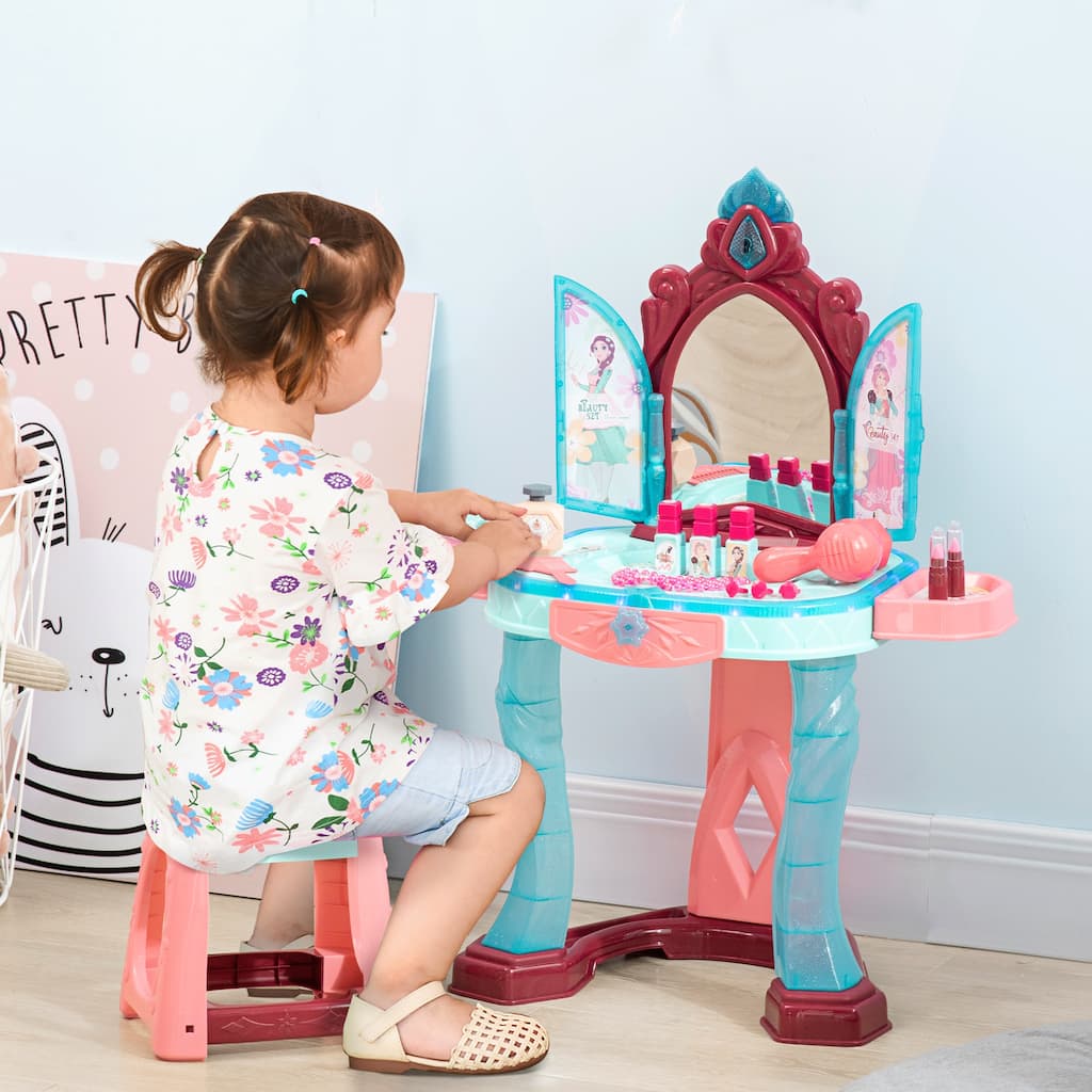 Qaba Self-Opening Mirror Design Kids Vanity Makeup Table Set with Chair and 31-Piece Collection, Imaginative Toy