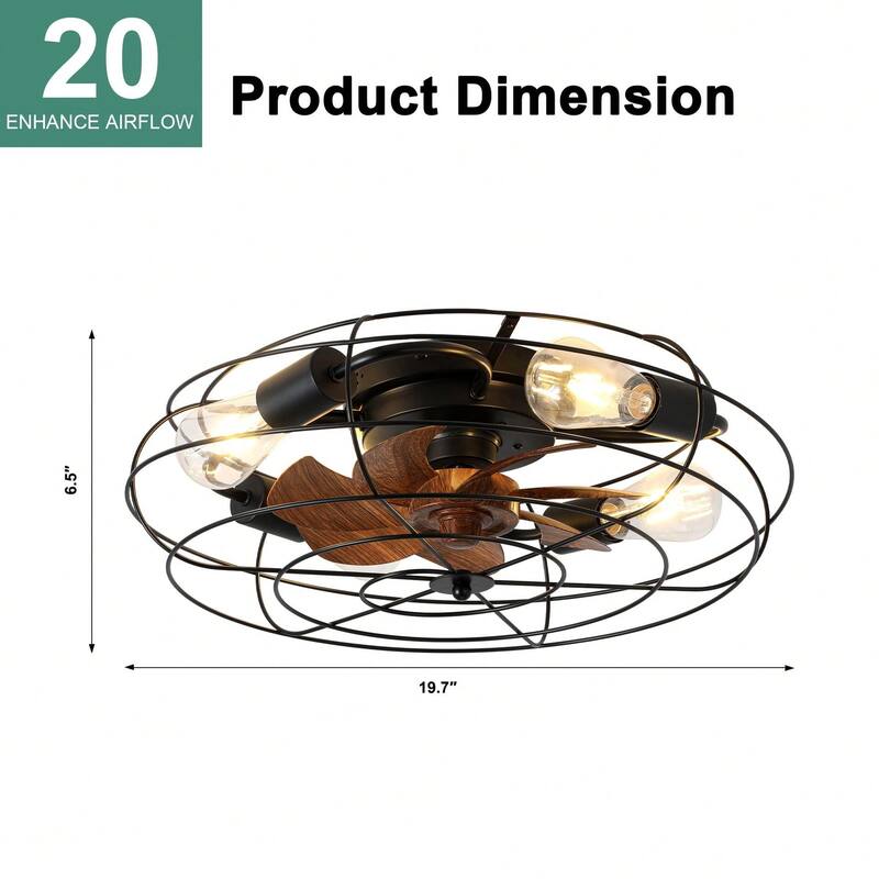 Cusp Barn 20'' Farmhouse Caged Ceiling Fan with Light, Modern Enclosed Low Profile Flush Mount Reversible Fandelier Ceiling Fan