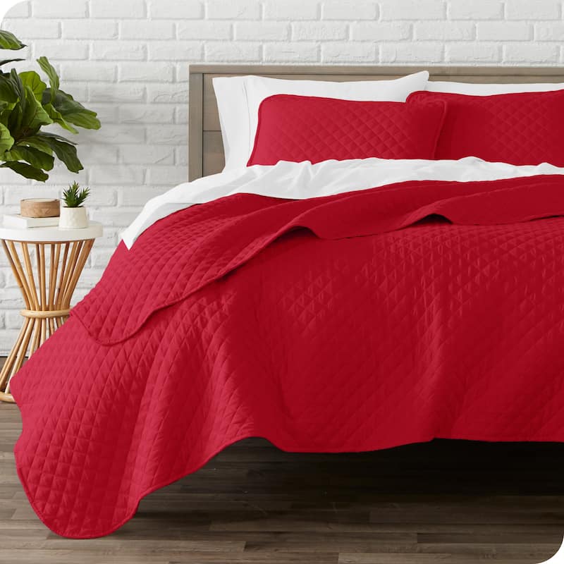 Bare Home Diamond Stitched Lightweight Microfiber Coverlet Set - Red - Full
