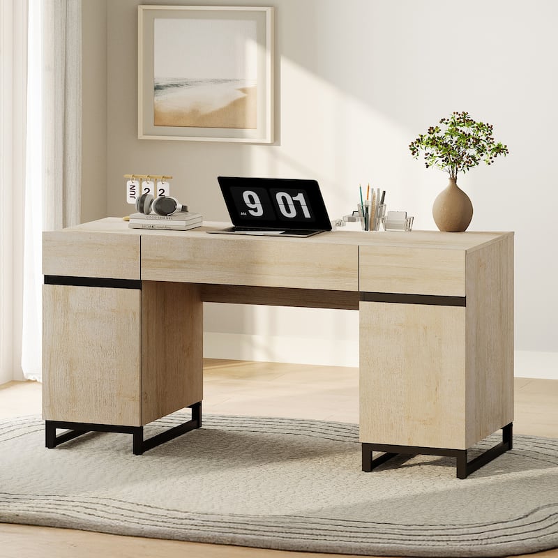 WAMPAT 59" Modern Executive Desk with Drawers, Home Office Computer Desk with Charging Station, File Drawer, Storage Cabinet.