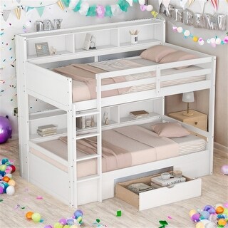 Twin Bunk Bed with Shelves and Drawer, White