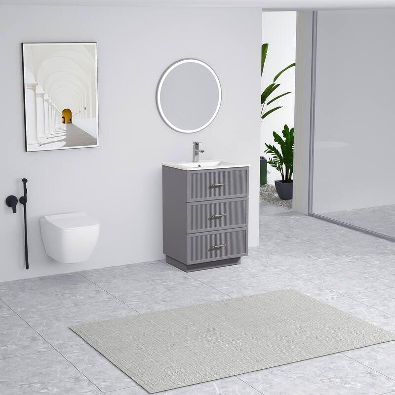 30" Freestanding Bathroom Vanity with Ceramic Sink and 2 Storage Drawers, Stylish Gray Floor Cabinet