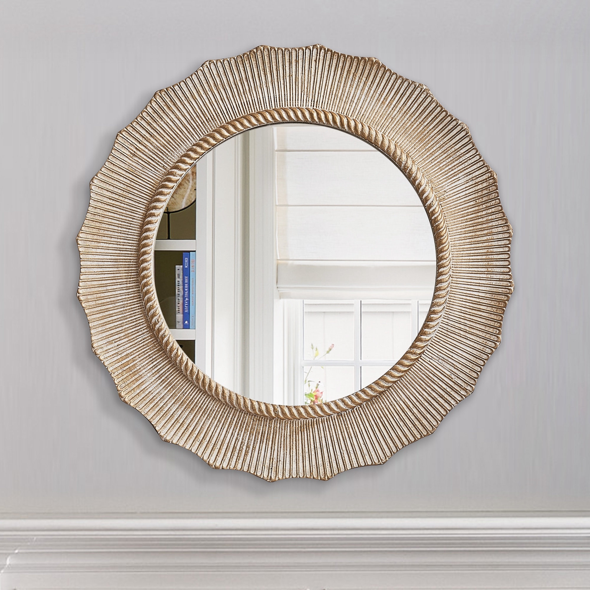 30" Bohemian Beige Round Wooden Decorative Bathroom Vanity Wall Mirror - 30 in. W x 30 in. H x 1.75 in. D