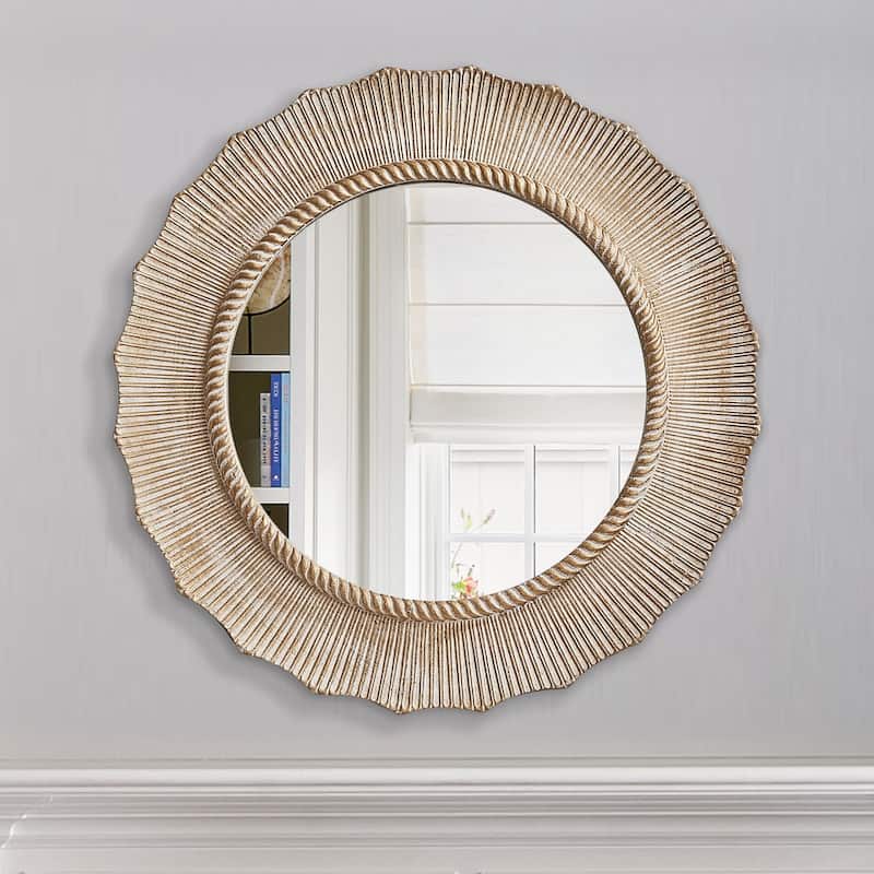 30" Bohemian Beige Round Wooden Decorative Bathroom Vanity Wall Mirror - Beige