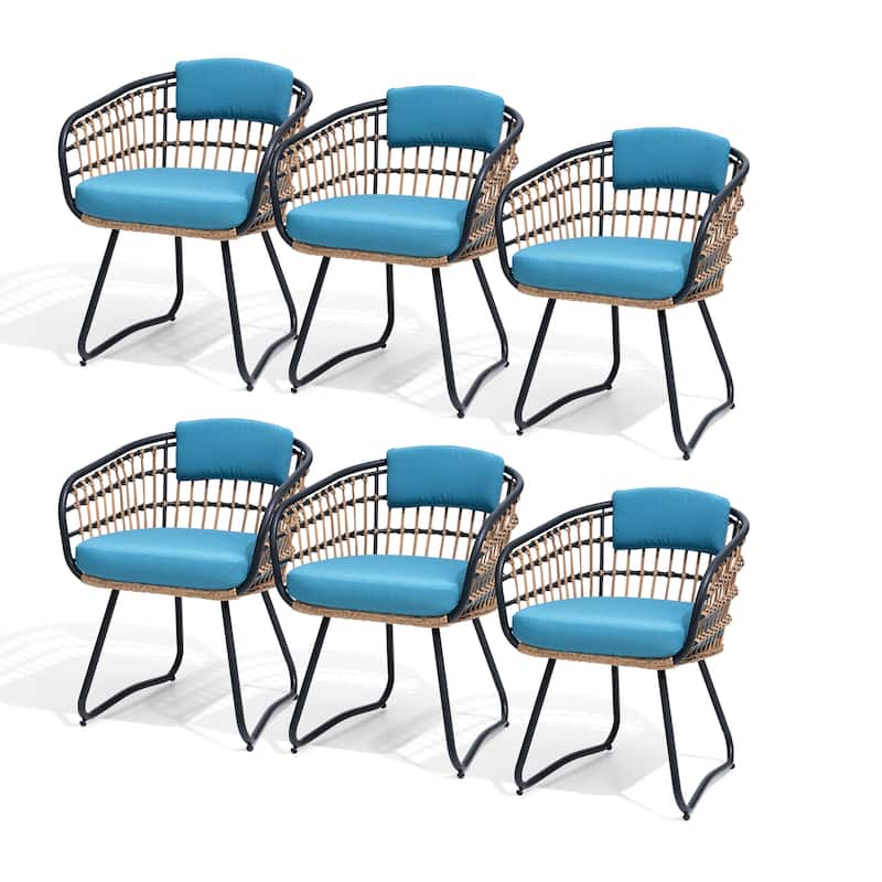Outdoor Wicker Chairs Patio Dining Chairs Cushioned PE Rattan Seating Set - Blue, 6PCS