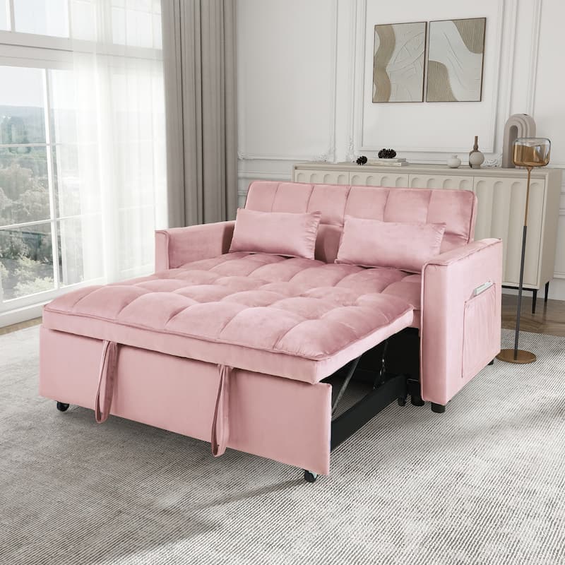 3-in-1 Convertible Sleeper Sofa Bed, Futon Couches with Adjustable Backrest, Sectional Sofa with 2 Pillows and 2 Side Pockets - Pink