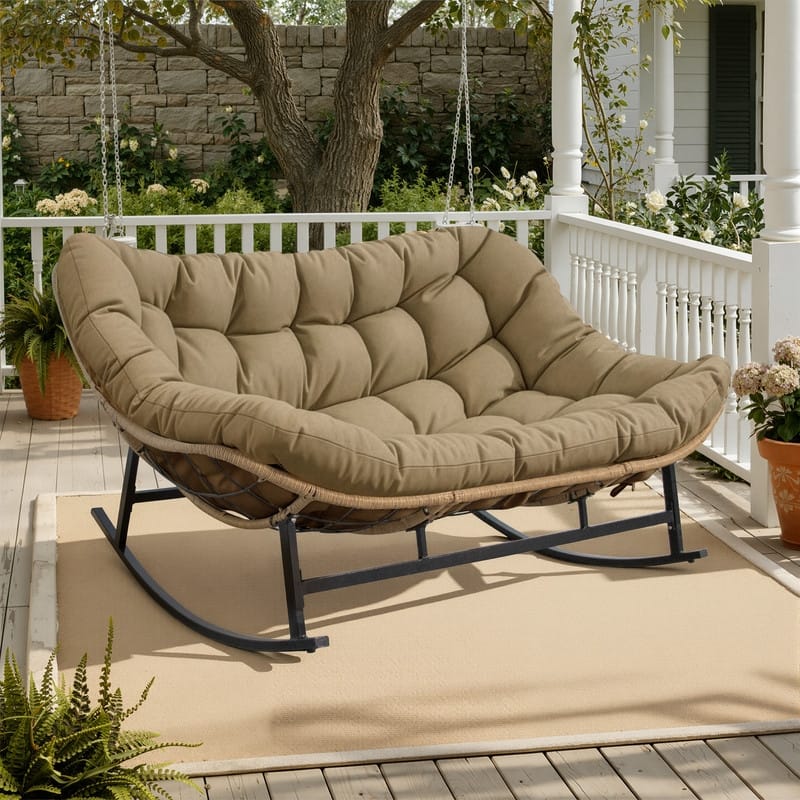 FINCATI Oversized Double Rocking Chair Outdoor Indoor, 40" D x 58" W Double Papasan Rocking Chair with Padded Cushion - 1 PC-Brown