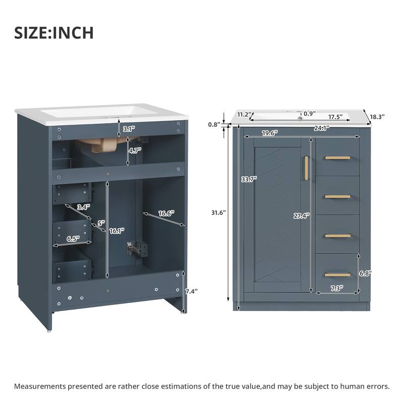 24" Single Sink Bathroom Cabinet, Freestanding Bathroom Vanity with Ceramic Sink