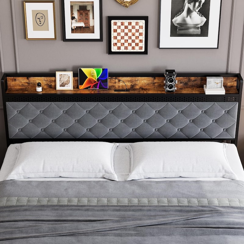 Bed Frame with Storage Headboard and 2 Drawers LED Lights