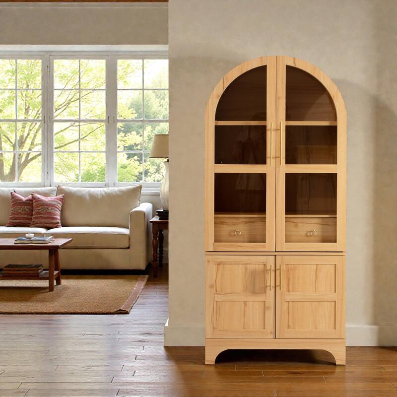 71" Tall Arched Kitchen Pantry Cabinet with Glass Door, Door Shelves, Adjustable Shelves and Hidden Drawer for Dining
