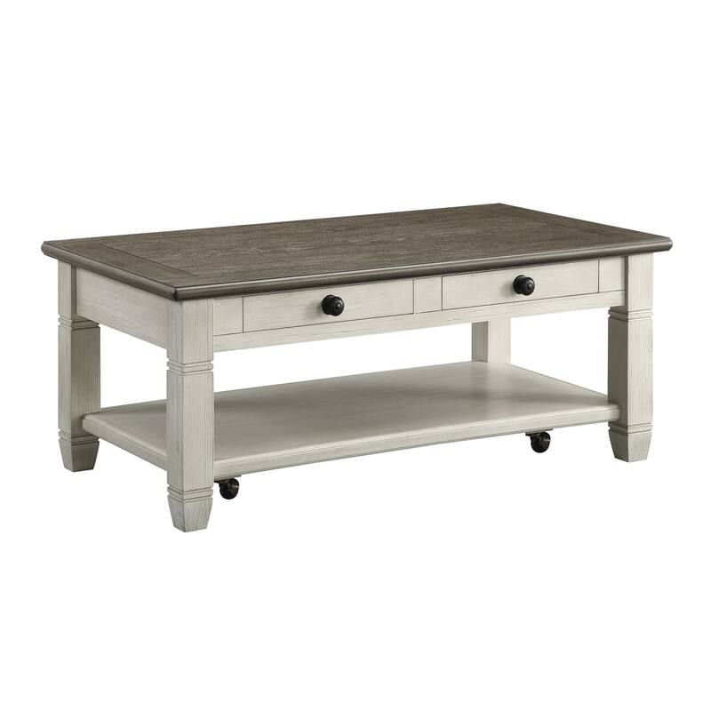 Rome 48 Inch Cocktail Coffee Table, 2 Drawers, White and Brown, Solid Wood