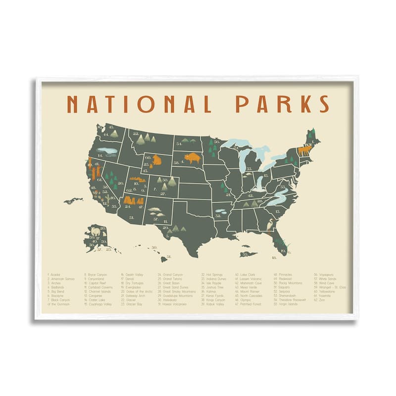 Stupell United States National Parks Adventure Map Green Orange Framed Wall Art - White - 20 x 16 - White