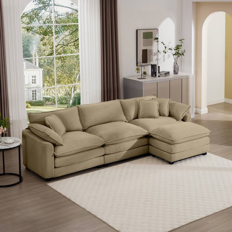 L-shaped Chaise Sectional Sofa with Ottoman and Double Cushions - Tan