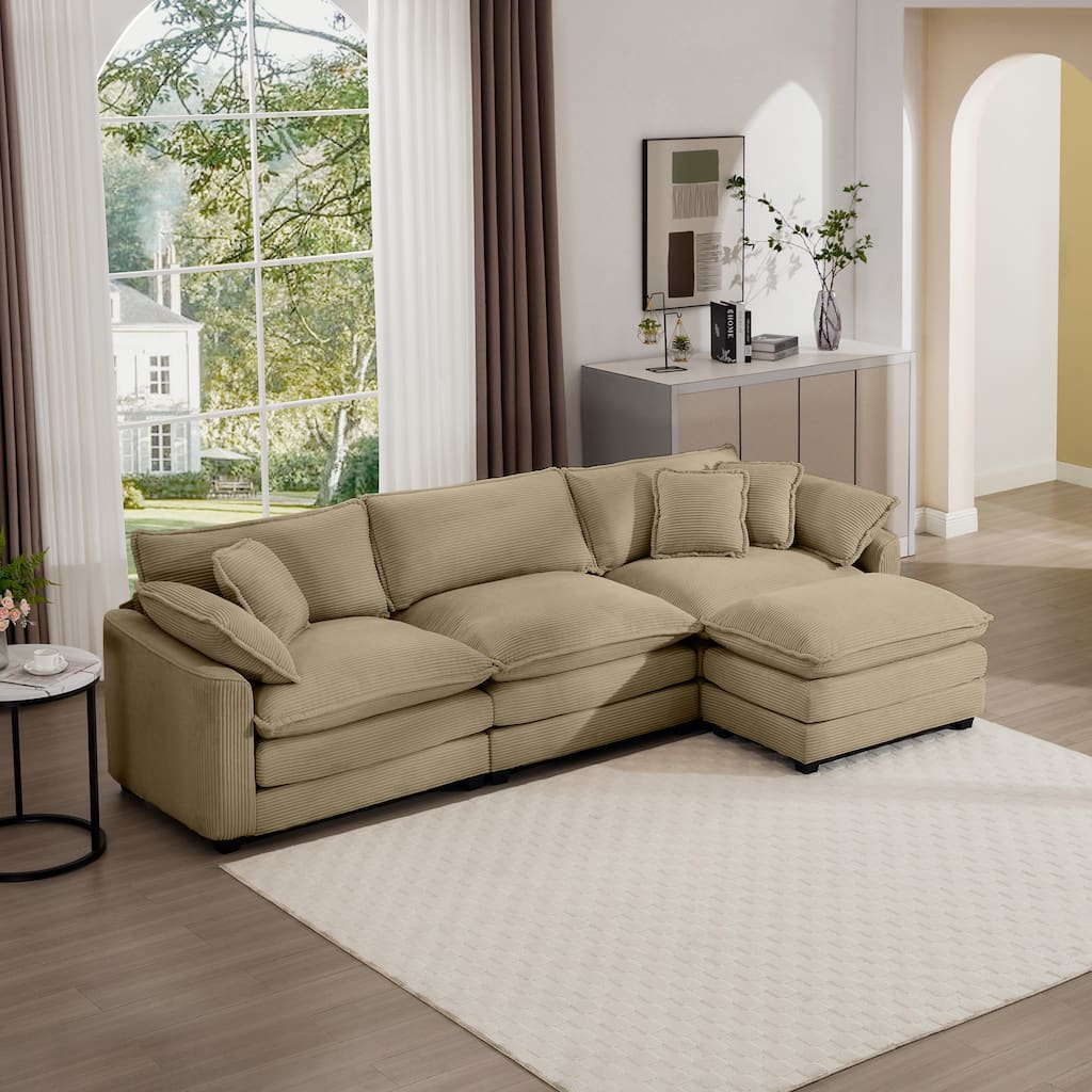 Tan 115" Corduroy Cloud Upholstered Modular L-Shaped Sectional Sofa with Removable Ottoman and Free Combination Design