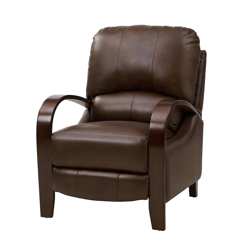Alex Mid-century Modern Genuine Leather Manual Recliner with Wooden Curved Arms