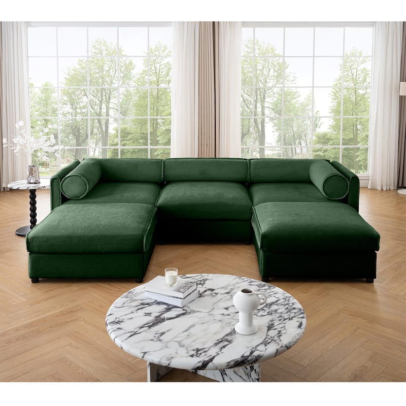 Modern 5-Piece U-Shaped Modular Sofa with Storage & 2 Storage Ottoman - Green