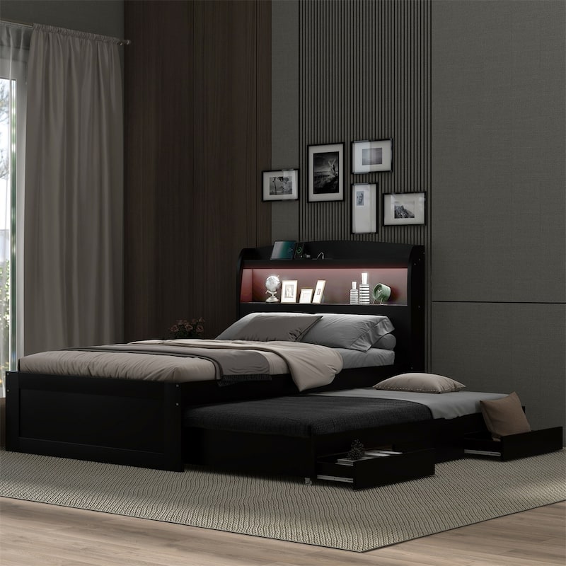Twin XL Size Platform Bed with Storage LED Headboard,Charging Station