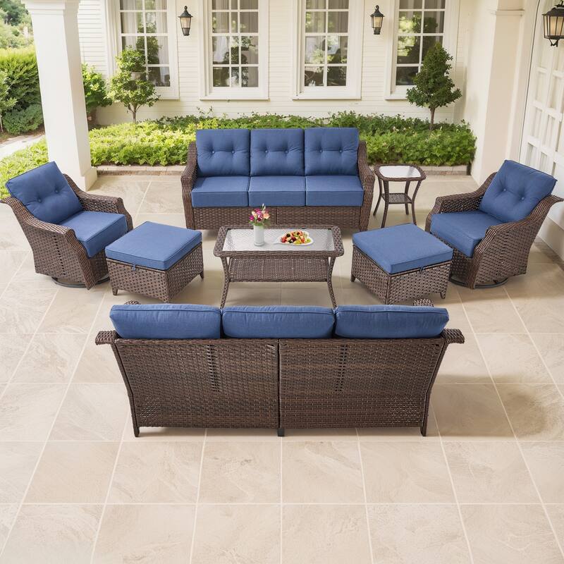 Gymojoy 9-Piece Wicker Patio Furniture Set, 6-inch Thick Cushioned & UV-Resistant, Outdoor Sofa & Chiar Set for Garden - Brown Wicker / Blue Cusion - 7-Piece