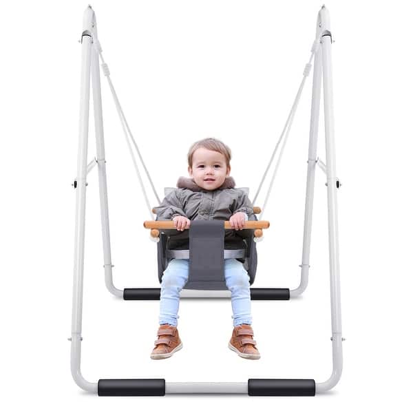 slide 2 of 7, Hapfan Toddler Swing, Baby Swing with Heavy Duty Foldable Stand, Swing Set with Canvas Cushion Seat for Indoor Outdoor - N/A