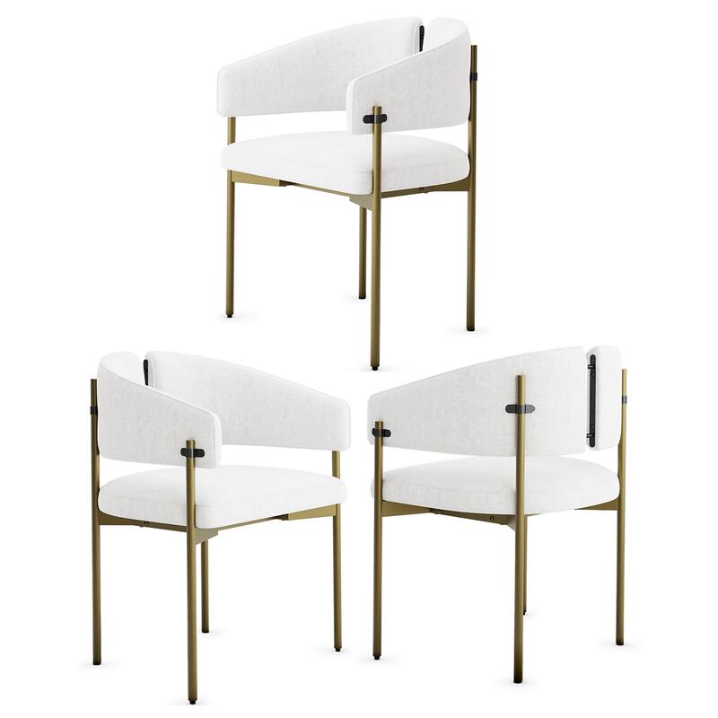 Classic and Luxurious Barrel Dining Chairs with Arms - Set of 3 - Brushed Gold and White