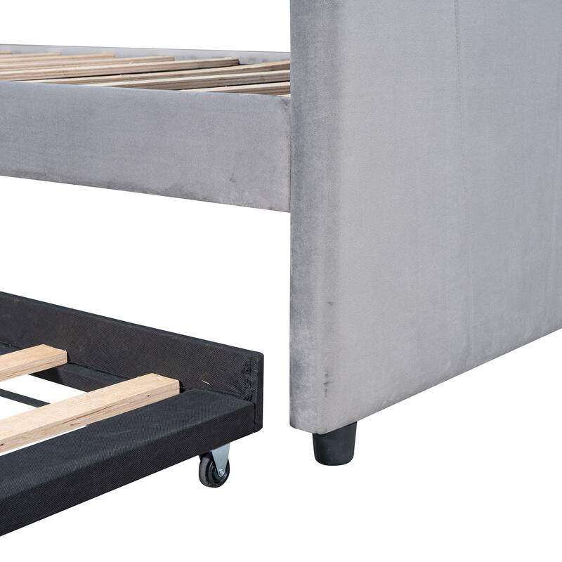 Upholstered Twin Size Daybed with Pull Out Trundle Bed, Velvet Fabric Platform Sofa Bed Frame with Wooden Slats Support