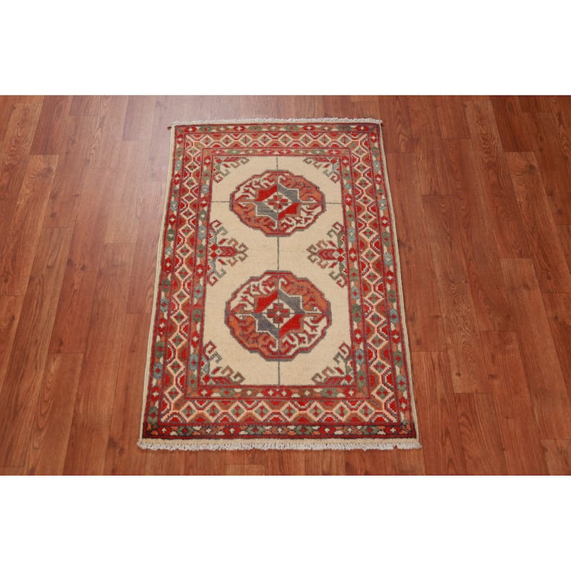 Geometric Kazak Foyer Rug Handmade Oriental Beige Wool Carpet - 2'0"x 3'0"