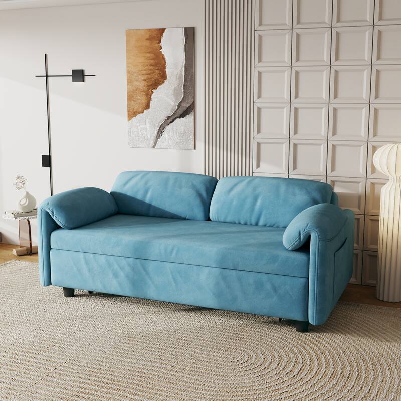 Sofa Showcase: 54" Velvet Blue Sofa Bed - A Dual-Purpose Living Room Gem with a Retractable Bed Option