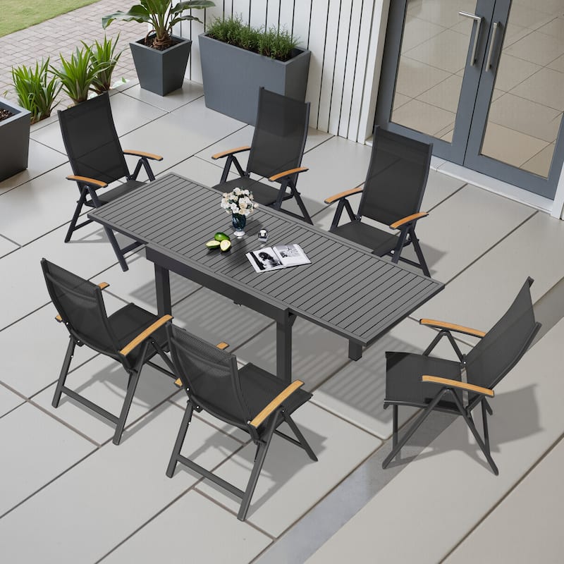 5/7/11PC Outdoor Aluminum Expandable Rectangle Patio Dining Table with Folding Chairs - 7PC-DarkGrey-Table&Black-Chair