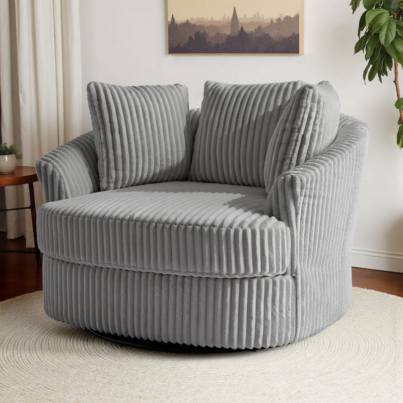 Oversized 43" W Plush Corduroy Recessed Arm Swivel Barrel Chair - Grey
