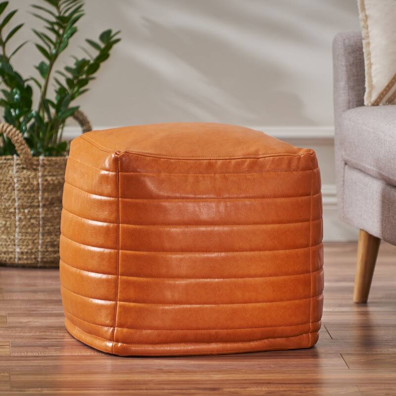 Baddow Contemporary Faux Leather Channel Stitch Pouf by Christopher Knight Home - 16.00" L + 16.00" W + 16.00" H - Caramel
