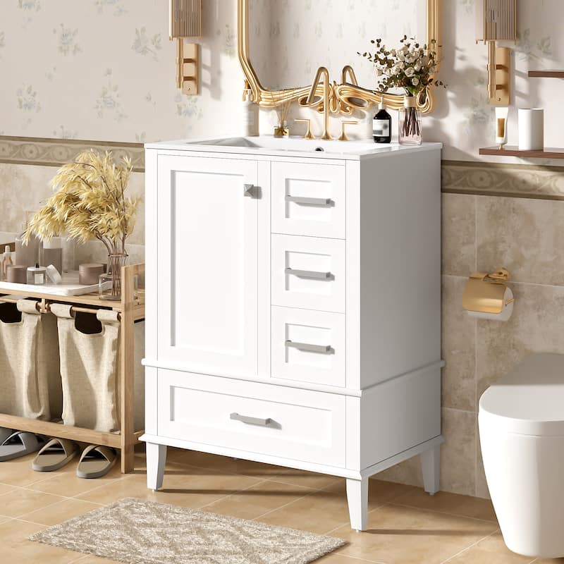 GDFStudio - Yuma Space Saving Minimalist Freestanding Bathroom Vanity Cabinet with Ceramic Sink and Soft Close Storage - White - 24.8"