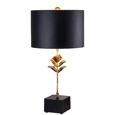 30" Table Lamp Leaf Detail in Gold with Black Shade