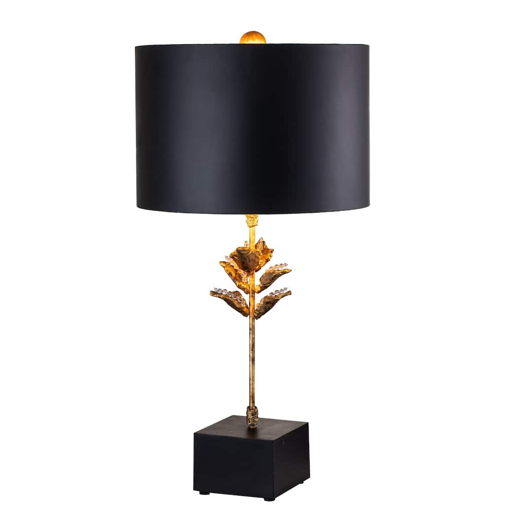 30" Table Lamp Leaf Detail in Gold with Black Shade