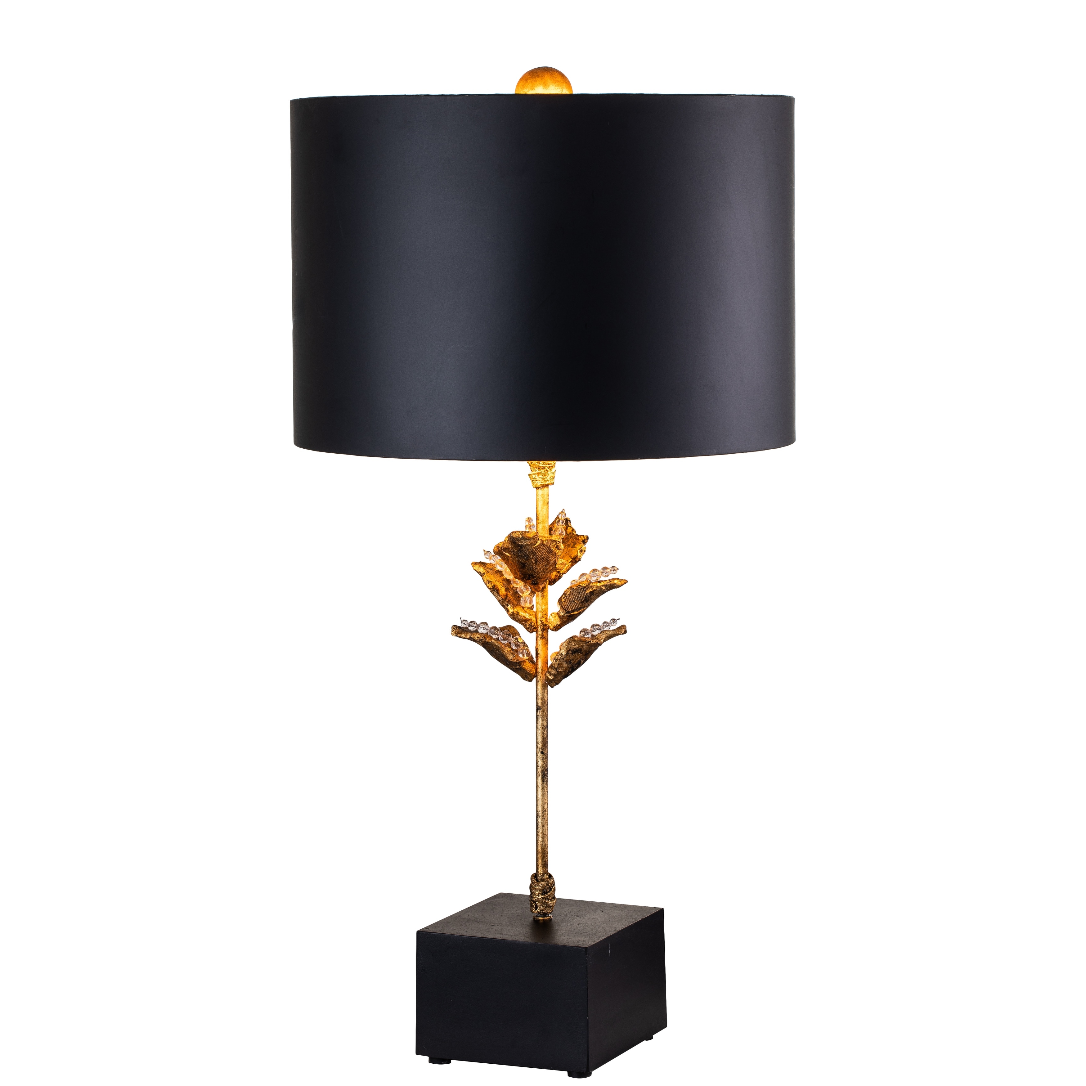 30" Table Lamp Leaf Detail in Gold with Black Shade